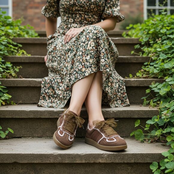 Belinda Womens Lace Detail Casual Dark Brown Sneakers Ribbon Lace Up Memory Foam - Picture 7 of 9